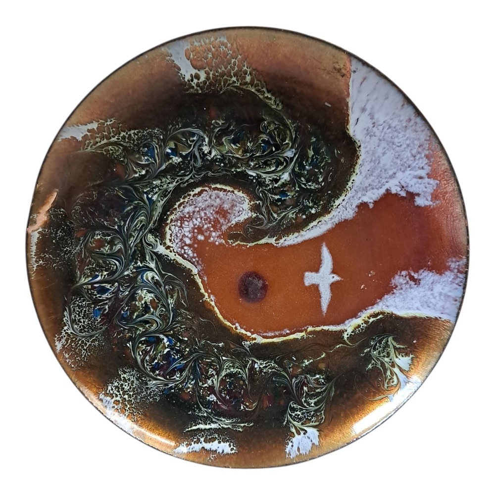 Signed Kazeka Enameled On Copper Decorative‎ Dish Ocean With Seagull Collectible